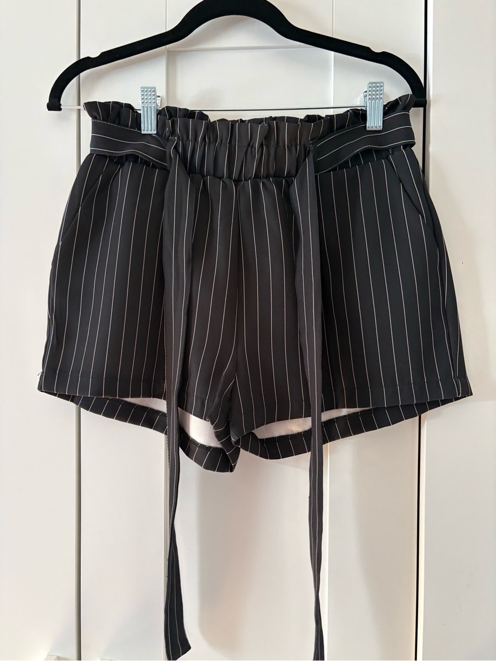 Revamped Black Pinstripe High-Waist Paperbag Shorts with Tie